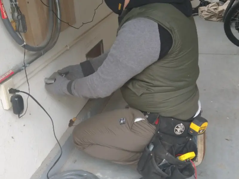 Electrician performing outlet wiring in a Wolf garage
